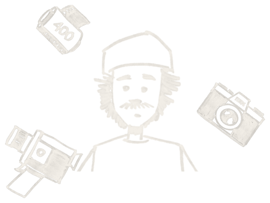 Azariah Films: hand-drawn portrait of Azariah in a beanie with a film canister, Super 8 camera and film camera